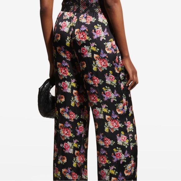 ALICE + OLIVIA SILKY HIGH WAIST PAJAMA PANTS IN BLACK FLORAL PRINT SIZE SMALL - Picture 9 of 13